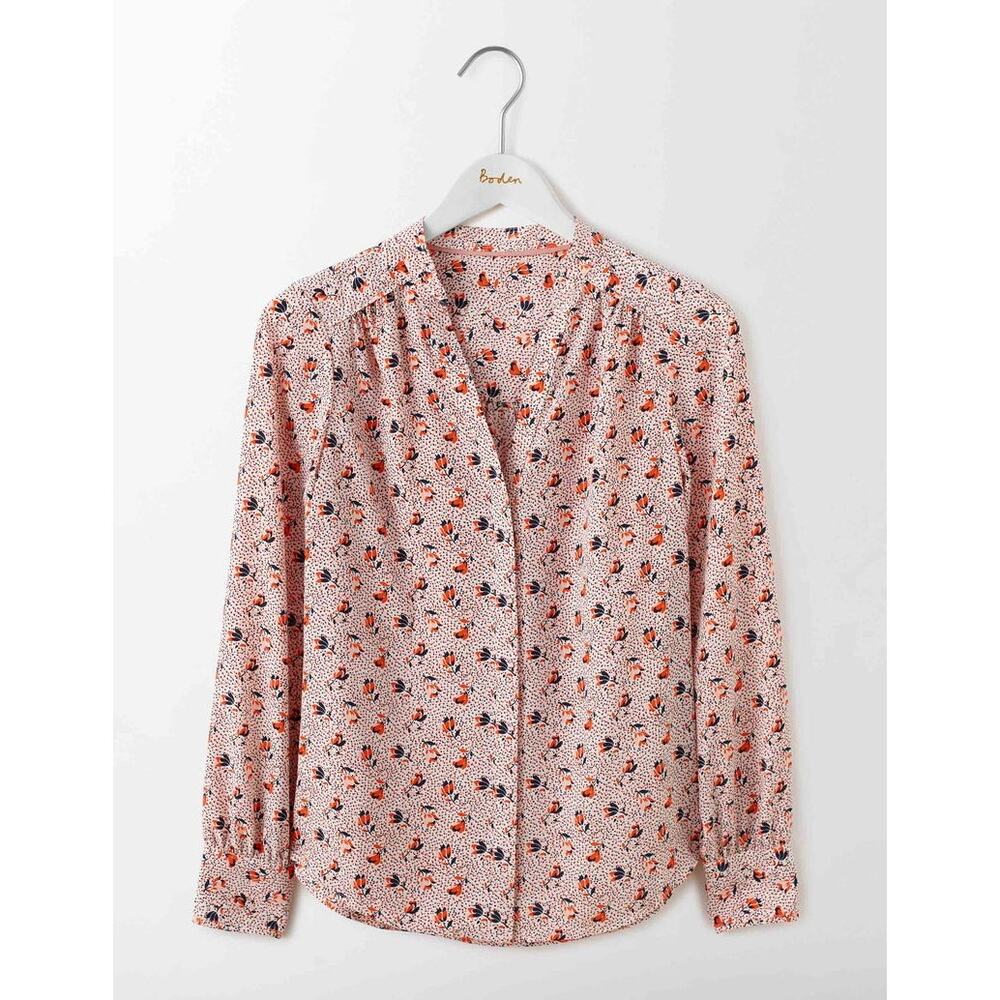 Boden Olive Blouse Pink Red Floral Dot Print Button Front Long Sleeve Women's 4